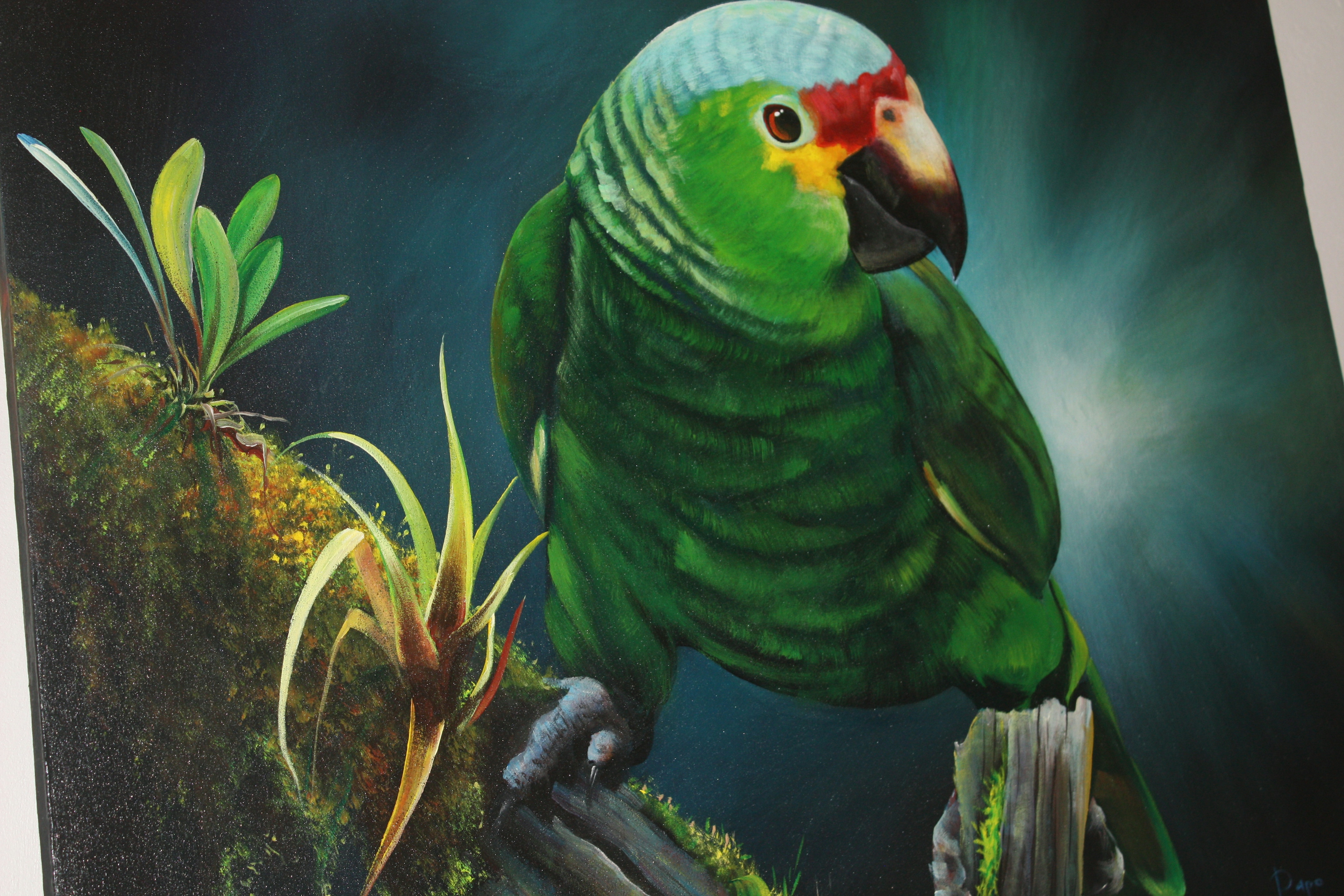 Close up of image of brilliant green parrot on mossy branch