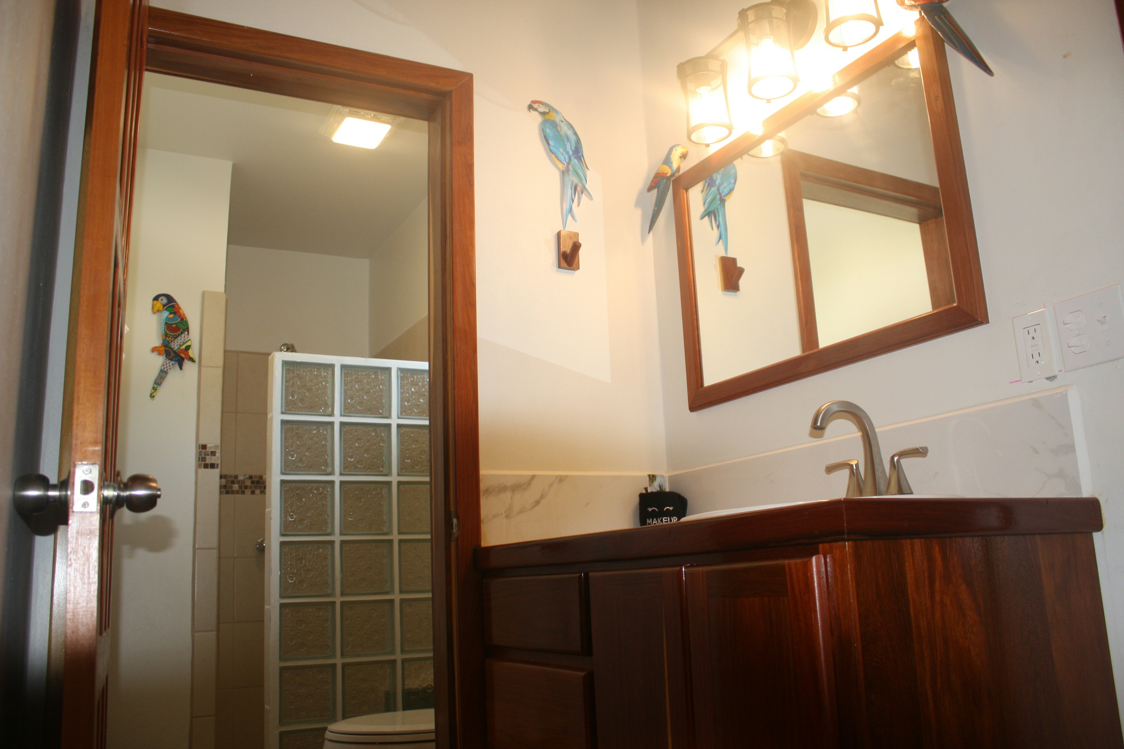 Wooden bathroom vanity with mirror and lights hanging above, decorative parrots on wall, and door leading to tiled shower area