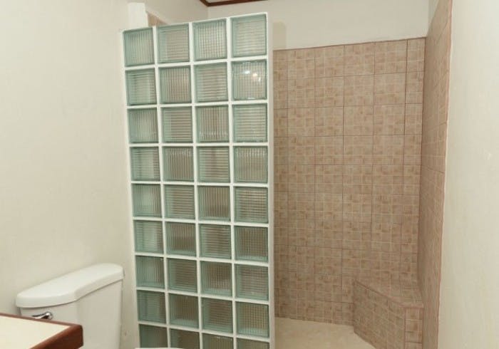 Neutral tiled shower with glass block divider beside white toilet