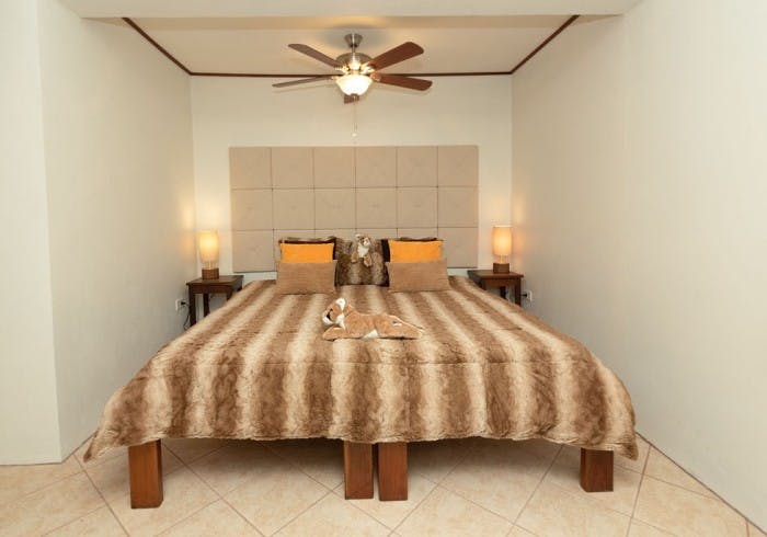 Bed with neutral striped bed cover, throw pillows, and lion cub plush animals, matching nightstands with lamps