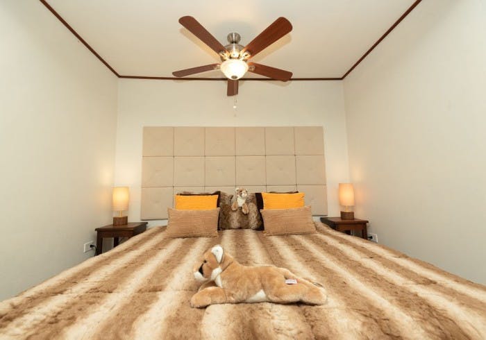 Bed with neutral striped bed cover, throw pillows, and lion cub plush animals, matching nightstands with lamps, ceiling fan